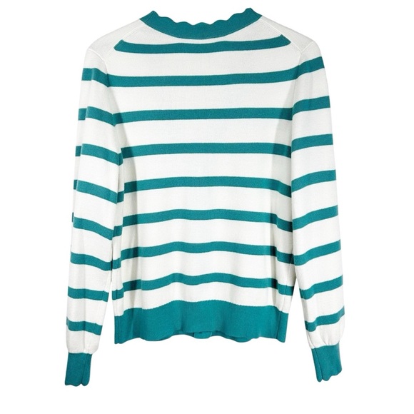 KATE SPADE Green & White Striped V-Neck Cardigan Scalloped Edges Size Large - Picture 5 of 8